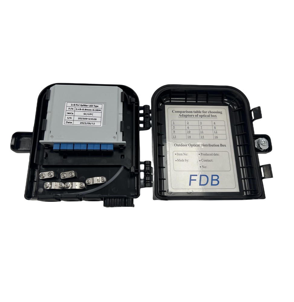 Caja NAP FTTH-8 puertos, completa con splitter 1*8 lgx y adaptadores SC/UPC Caja NAP FTTH-8 puertos, completa con splitter 1*8 lgx y adaptadores SC/UPC